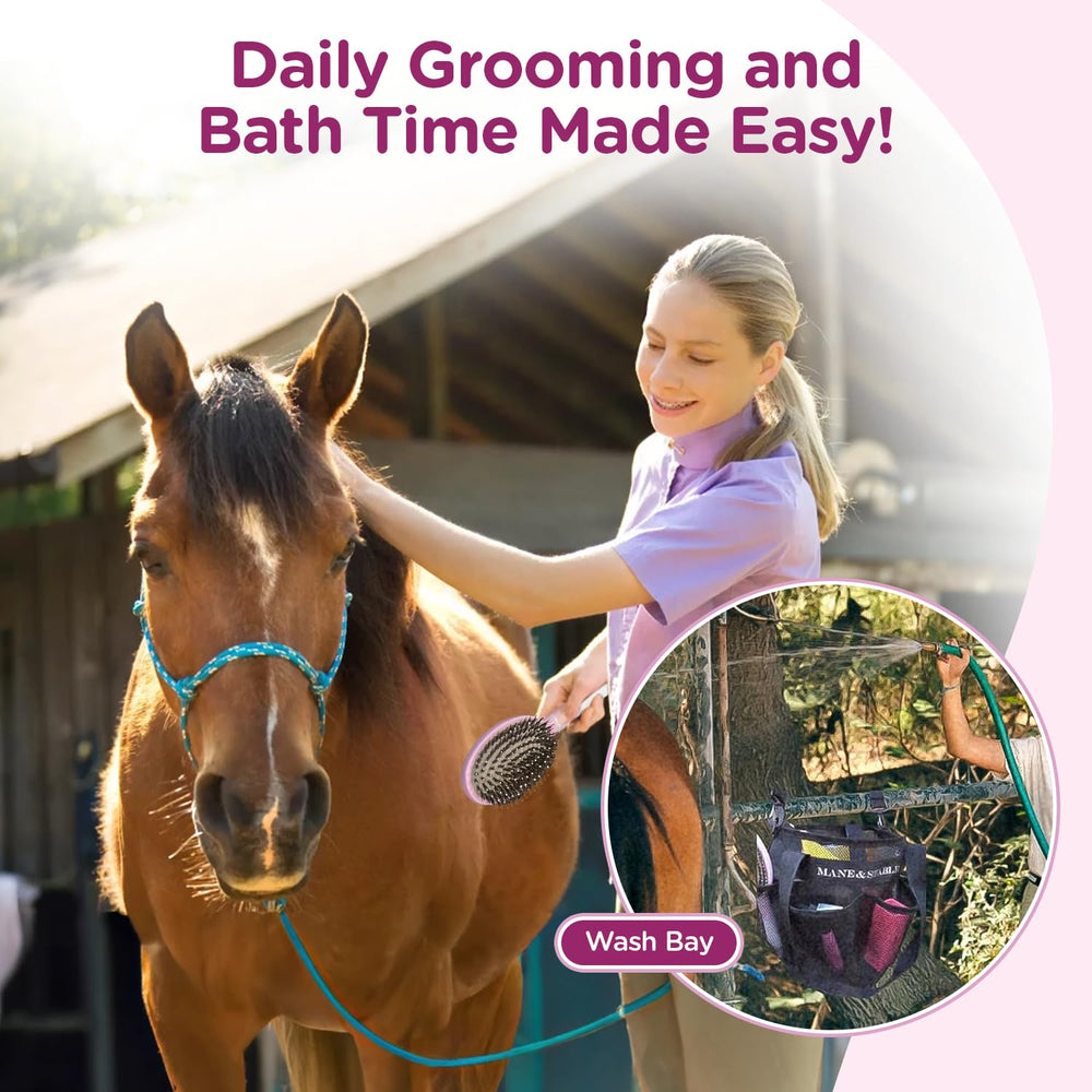 MANE & STABLE adjustable shoulder strap enables easy transport from barn to trailer.