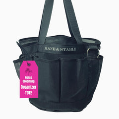 MANE & STABLE hanging tote with brushes ready for quick access at the stall.