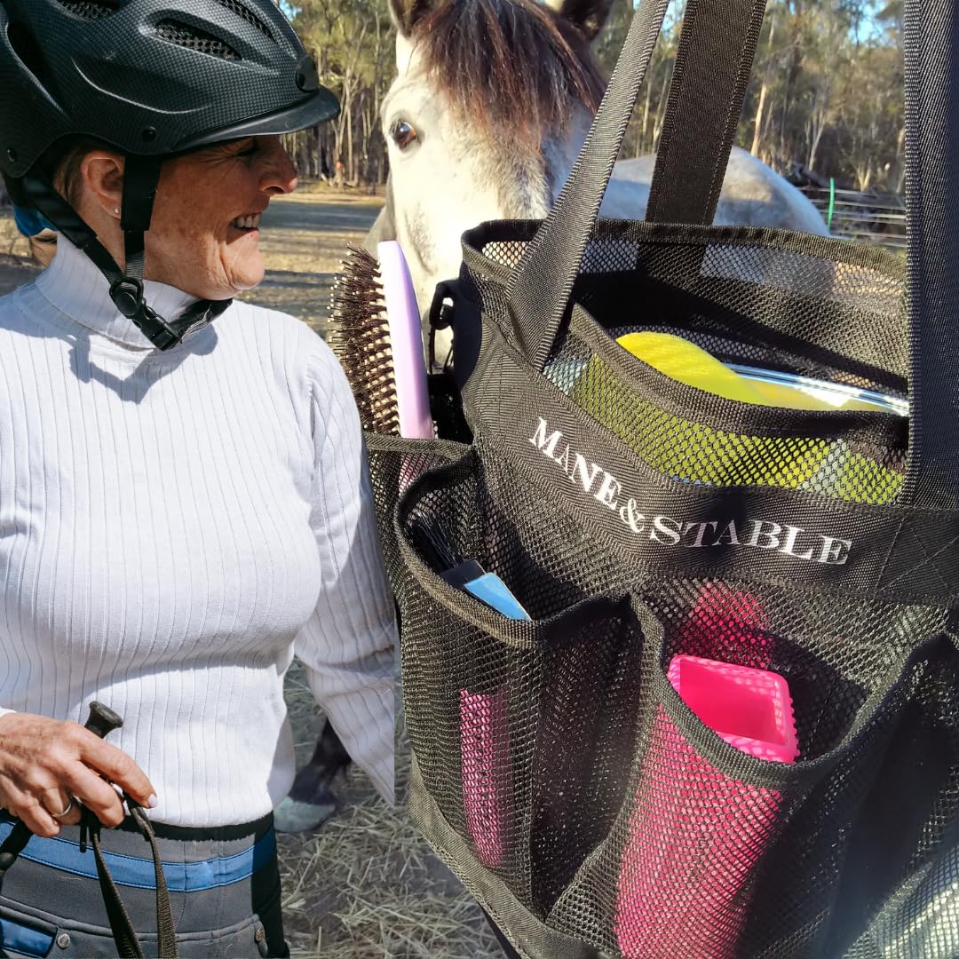 MANE & STABLE compact tote folds flat for trunk storage and mobile shows.