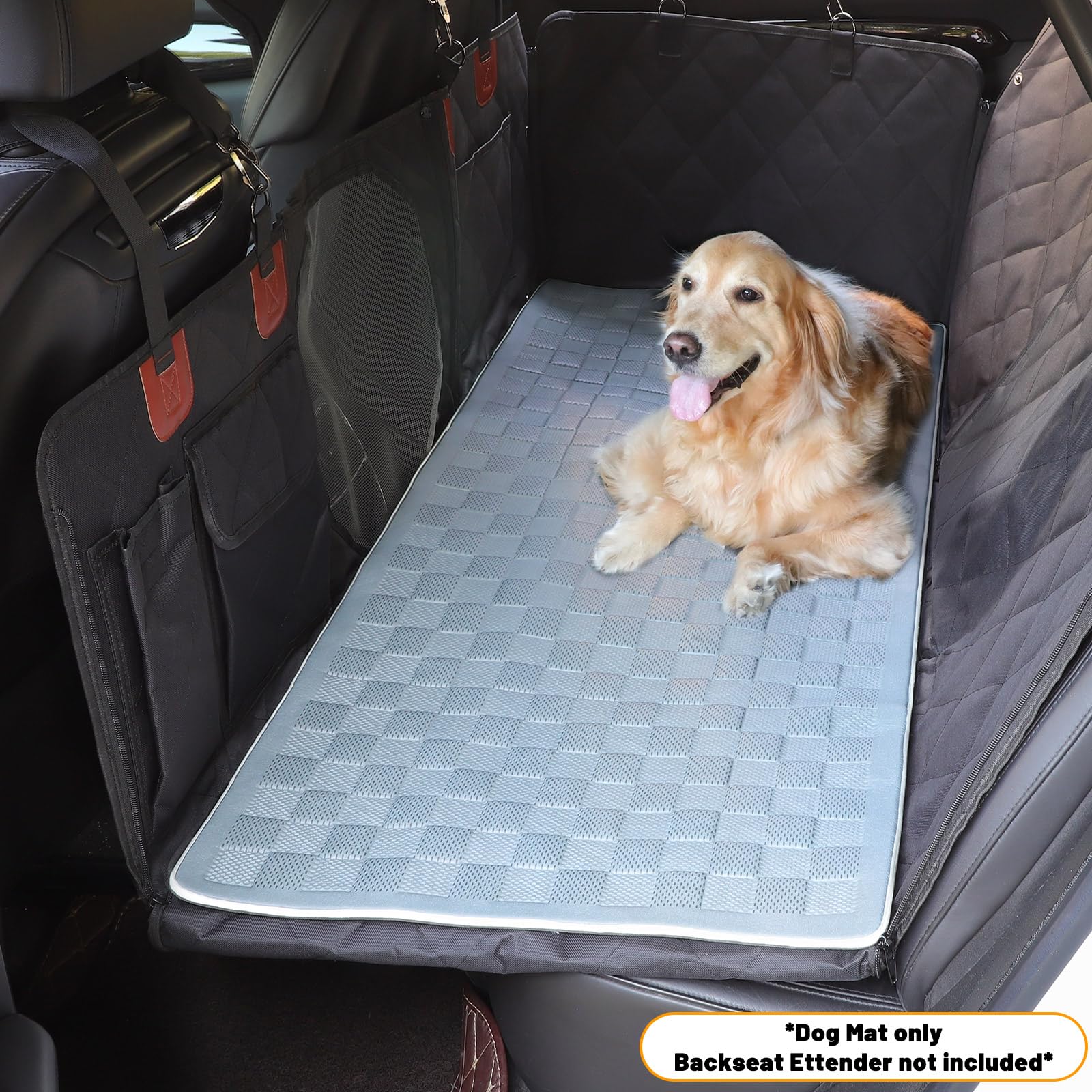 Manificent hair-resistant fabric close-up highlights easy cleaning and tidy backseat.
