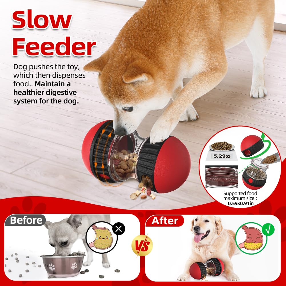 Mankoda dog puzzle toy rolling ball red color with paw interaction and treat release.