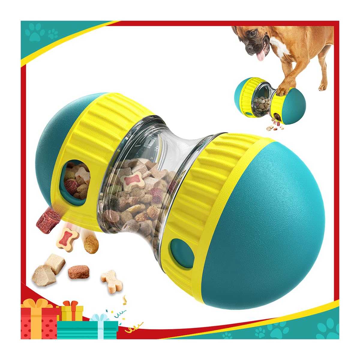 Mankoda dog puzzle toy rolling ball close-up showing treat dispensing during play