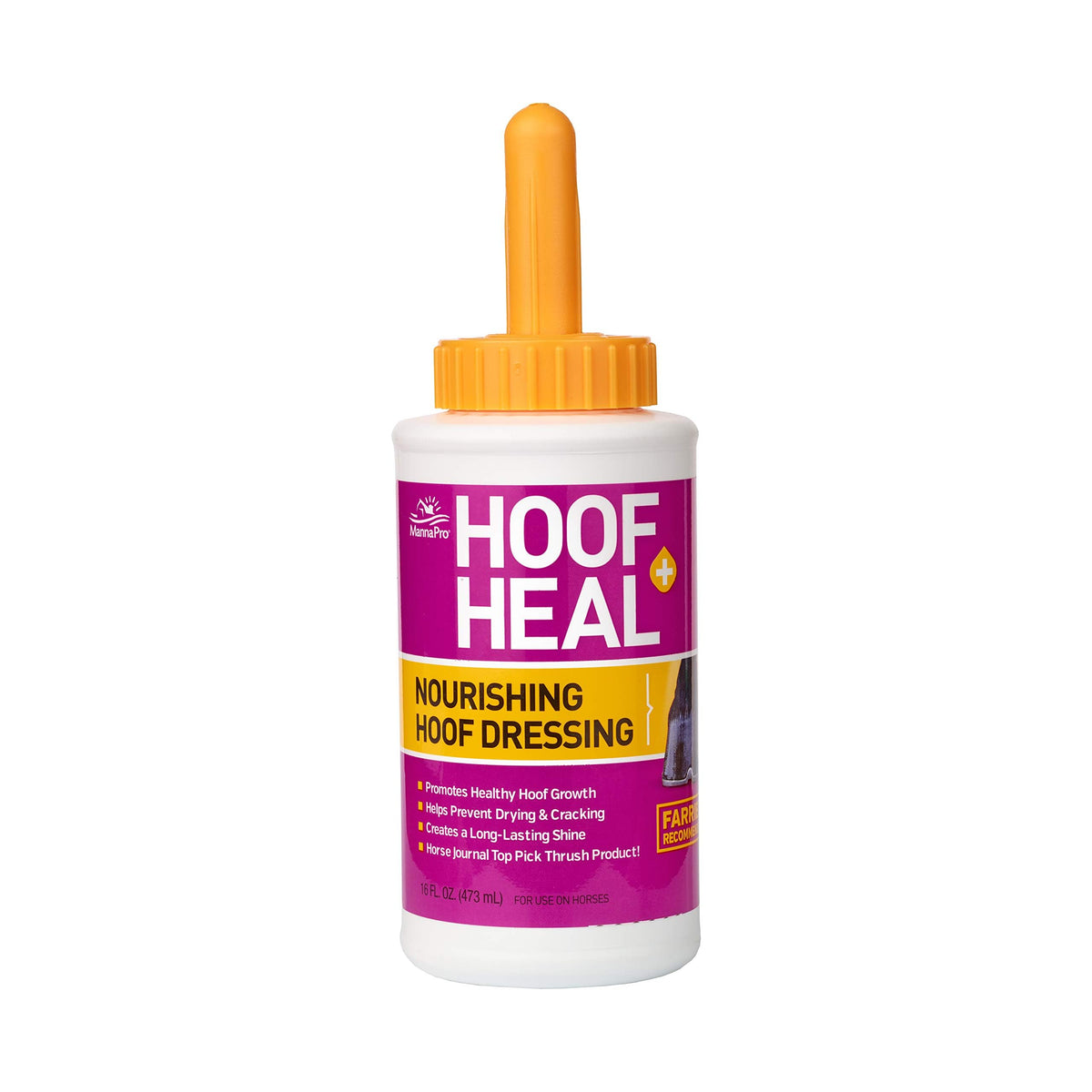 Manna Pro Cut Heal Hoof Heal 16oz bottle label demonstrates easy at-home hoof care.