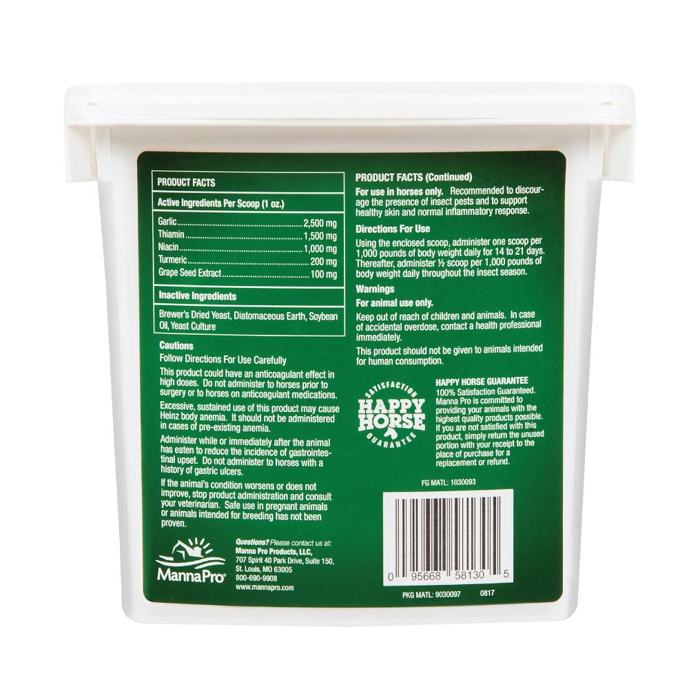 Manna Pro Nature's Force Bug Clear 2 lb bucket beside scoop suggests a 60-day supply