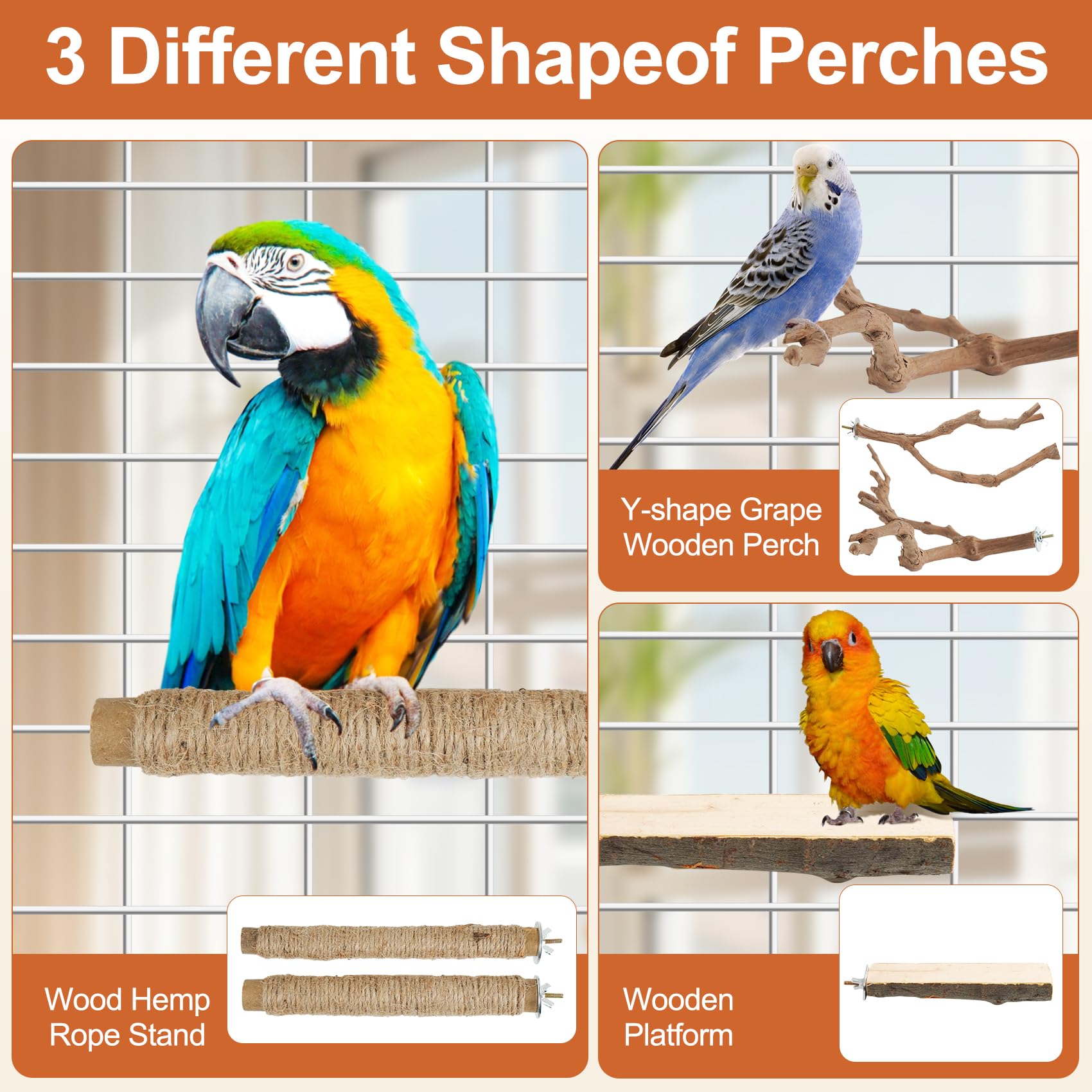Manoai bird perch with built-in bolts and wing nuts for secure cage mounting.