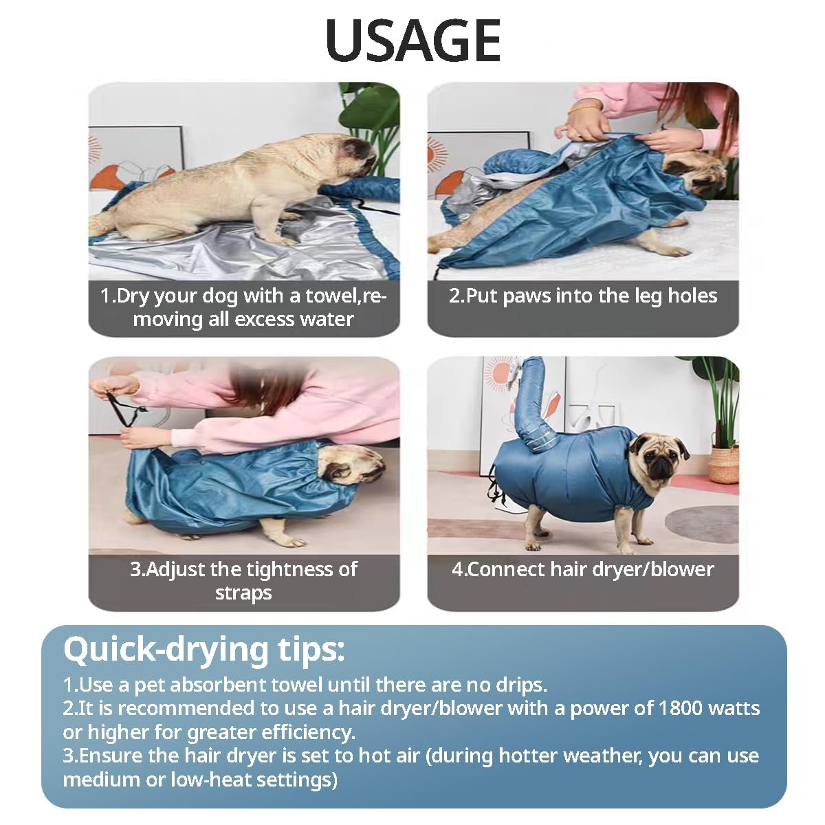 MANON ROSA dog drying bag shows adjustable high-elastic straps for versatile sizing.