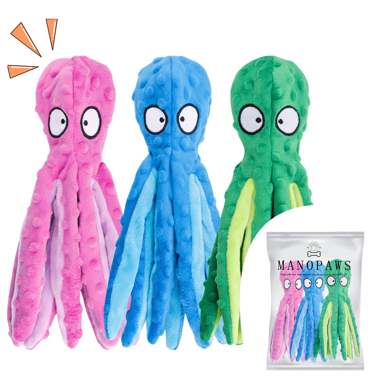 MANOPAWS 3pack octopus dog toys in vibrant colors for dogs of all sizes