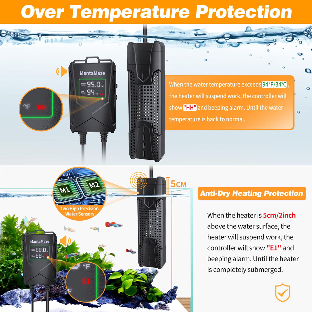 MantaMaze heater submerged in tank showing easy in-tank installation.