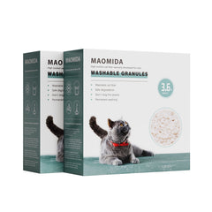 MAOMIDA washable granules package shows 7.2lb bag for Cat Genie compatibility and reuse