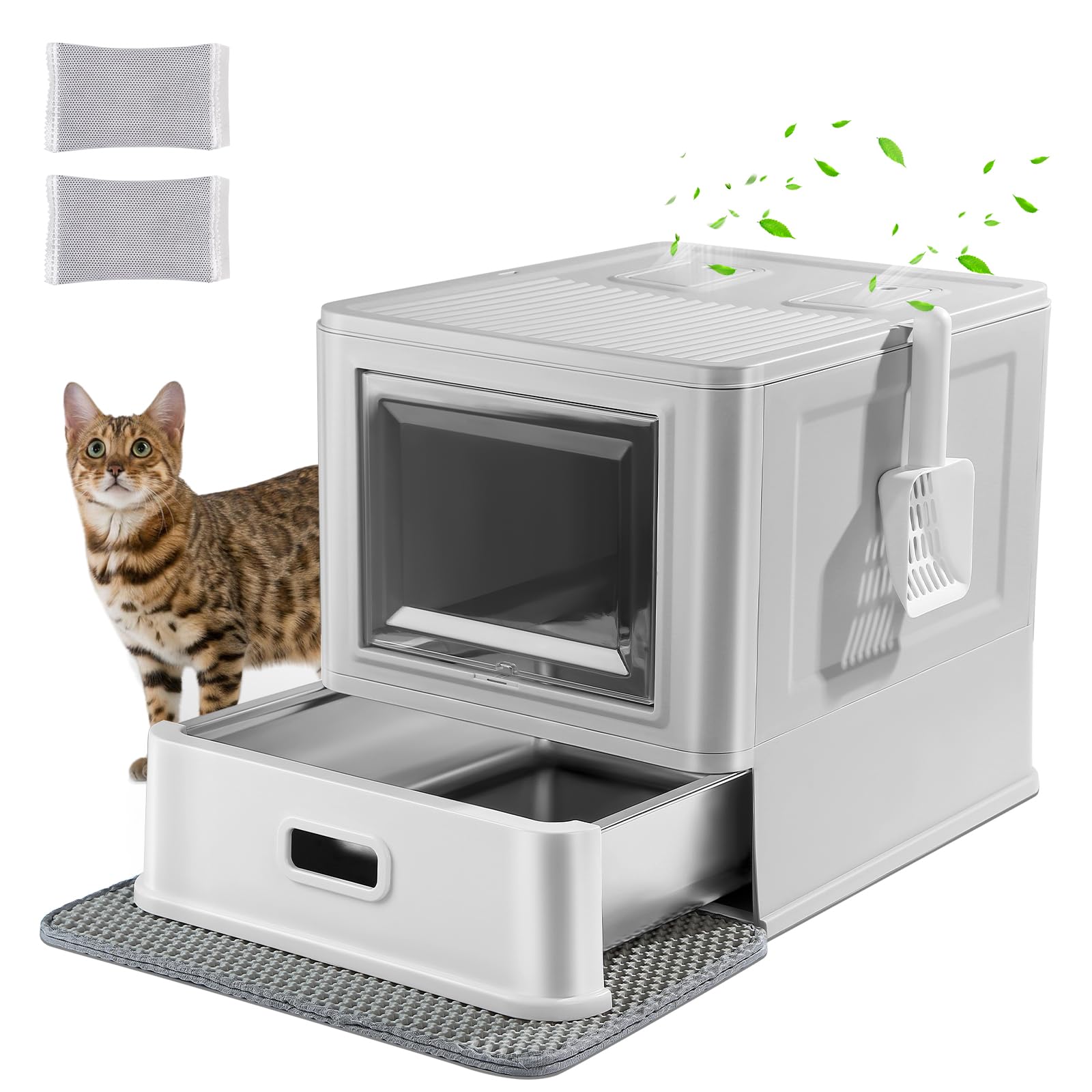 Marchul enclosed stainless-steel cat litter box with lid and drawer keeps odors contained.