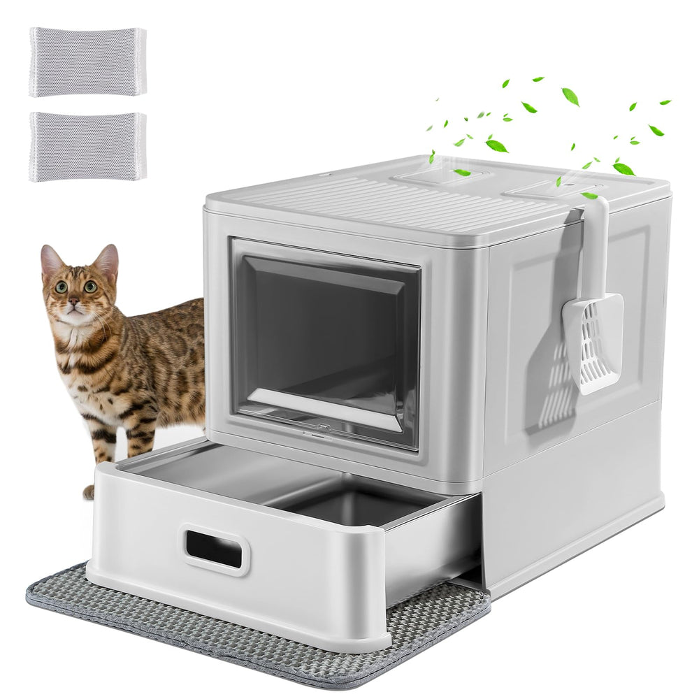 Marchul enclosed stainless-steel cat litter box with lid and drawer keeps odors contained.