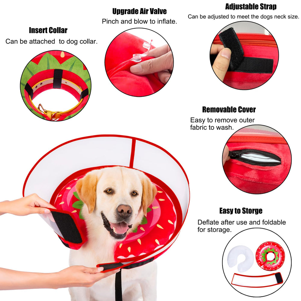 Mariyago inflatable dog cone large strawberry adjustable strap ensures secure, customizable fit