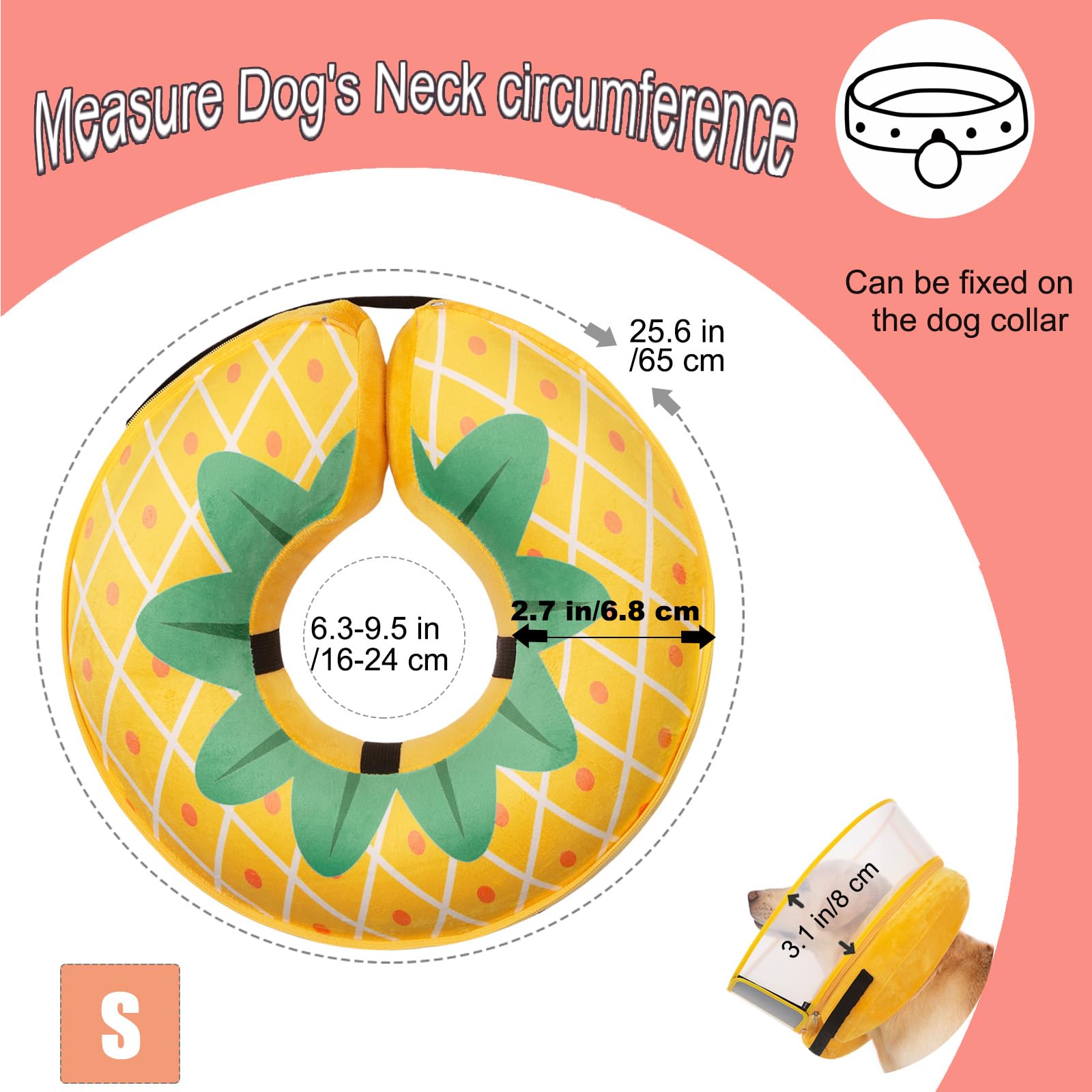 Mariyago inflatable dog cone Pineapple Small adjustable-strap closeup shows secure neck fit