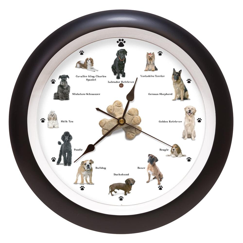 Mark Feldstein Barking Dog Sounds Wall Clock front view shows 12 breed images for playful decor.