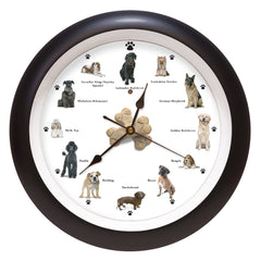 Mark Feldstein Barking Dog Sounds Wall Clock front view shows 12 breed images for playful decor.