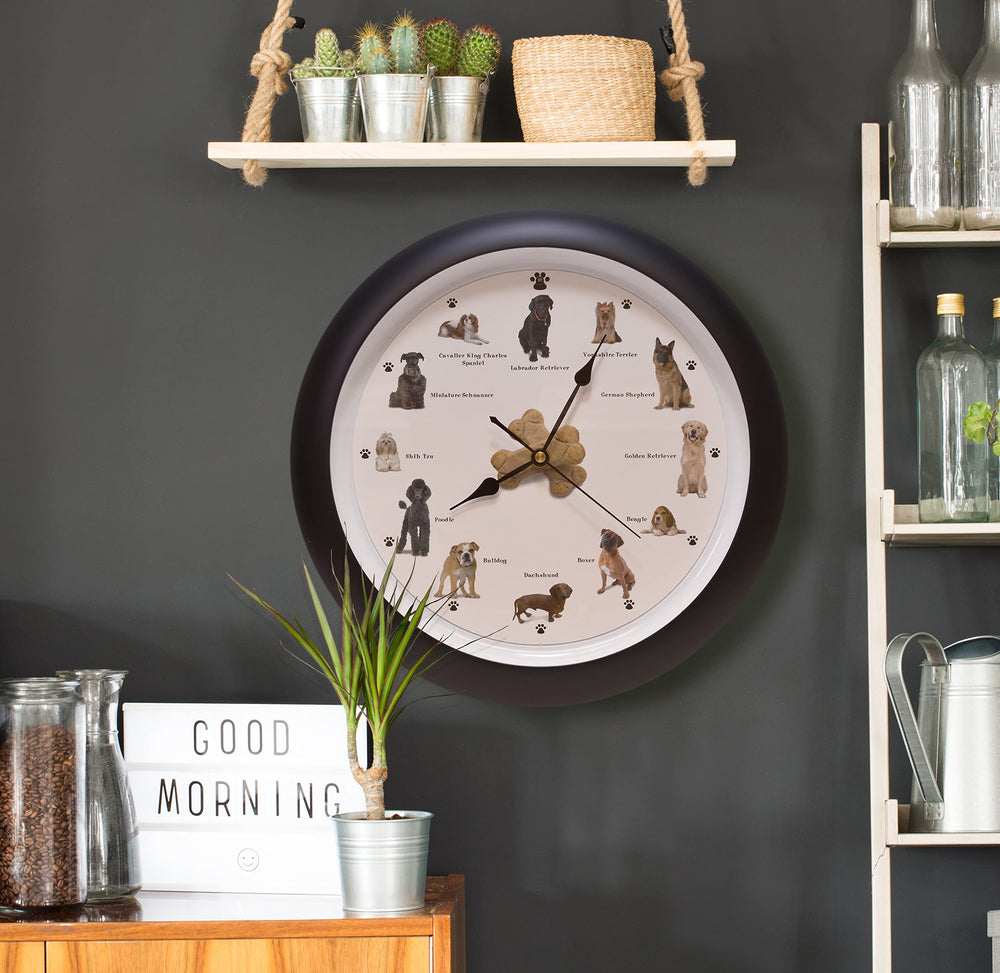Mark Feldstein Barking Dog Sounds Wall Clock hour bark feature adds time cues with authentic dog sounds.