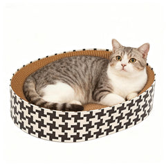 Markarbarka 2-in-1 oval cat-scratcher-bed front view shows durable scratch pad and cozy lounge.