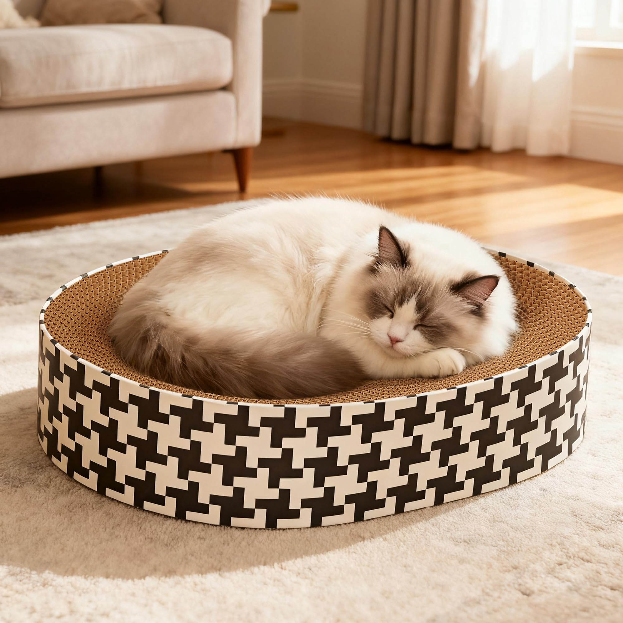 Markarbarka 2-in-1 oval cat-scratcher-bed side curve highlights ergonomic comfort for indoor cats.