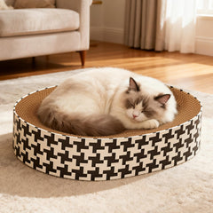 Markarbarka 2-in-1 oval cat-scratcher-bed side curve highlights ergonomic comfort for indoor cats.