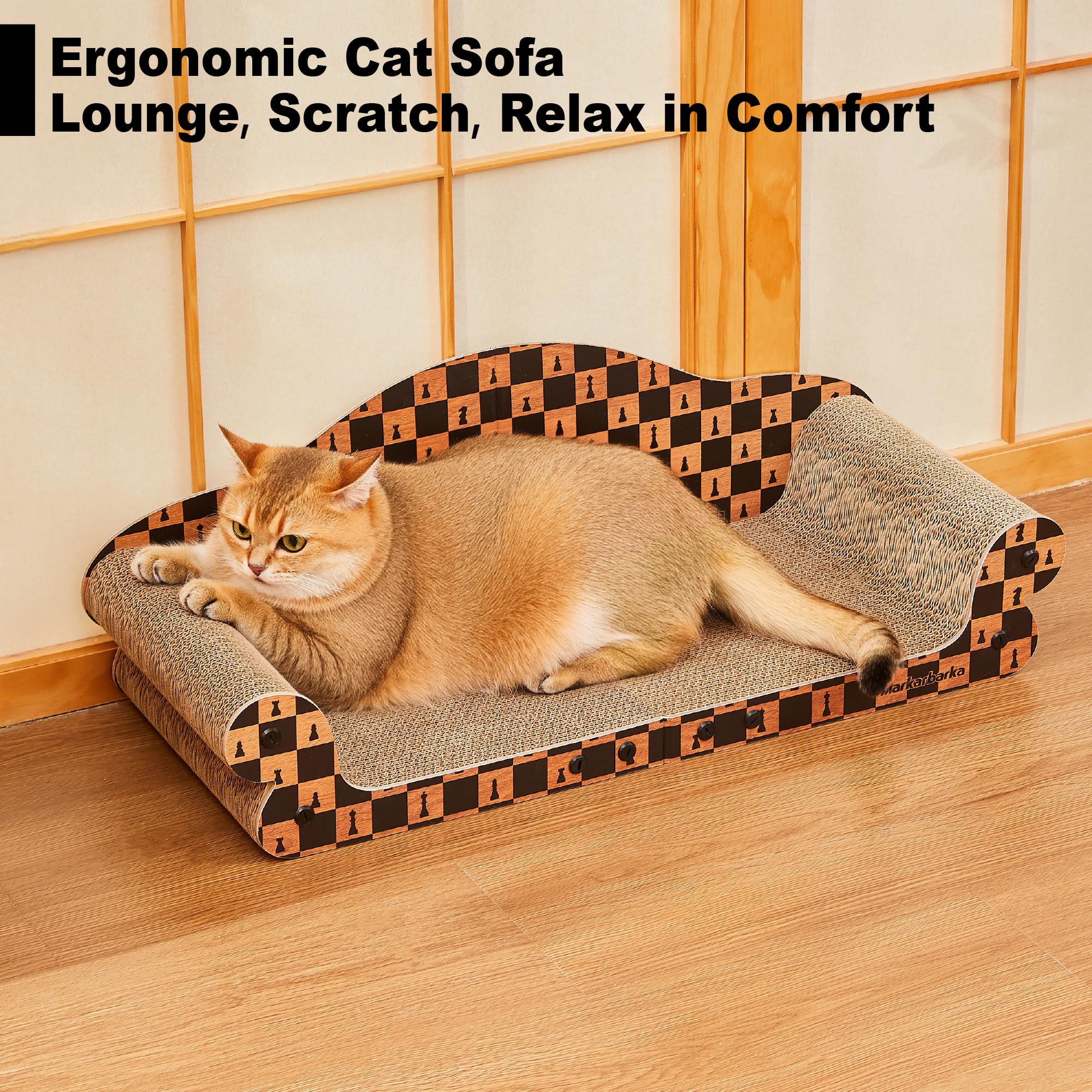 Markarbarka cat-scratcher-bed-couch image demonstrates combined bed and scratcher in one piece.