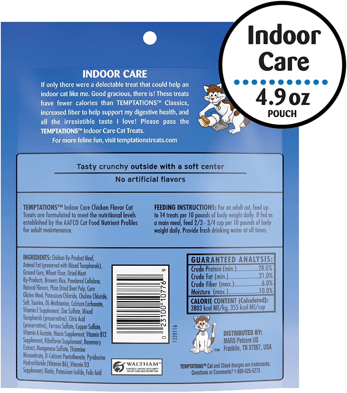 Mars Whiskas Temptations Indoor Care chicken flavor crunchy exterior image emphasizes texture cats adore.