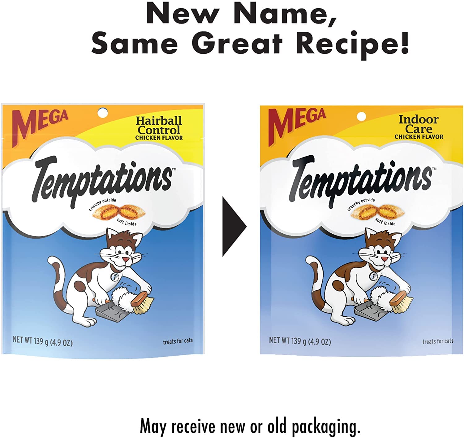 Mars Whiskas Temptations Indoor Care chicken flavor soft meaty center graphic conveys irresistible bite.
