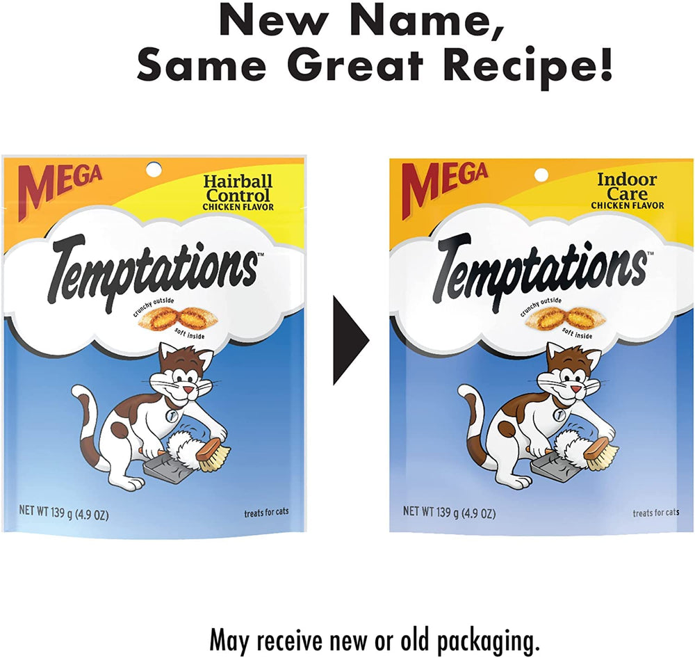 Mars Whiskas Temptations Indoor Care chicken flavor soft meaty center graphic conveys irresistible bite.