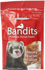 Marshall Bandits Ferret Treats Meaty Bacon 30oz pack showing ten 3oz pouches for rewards.