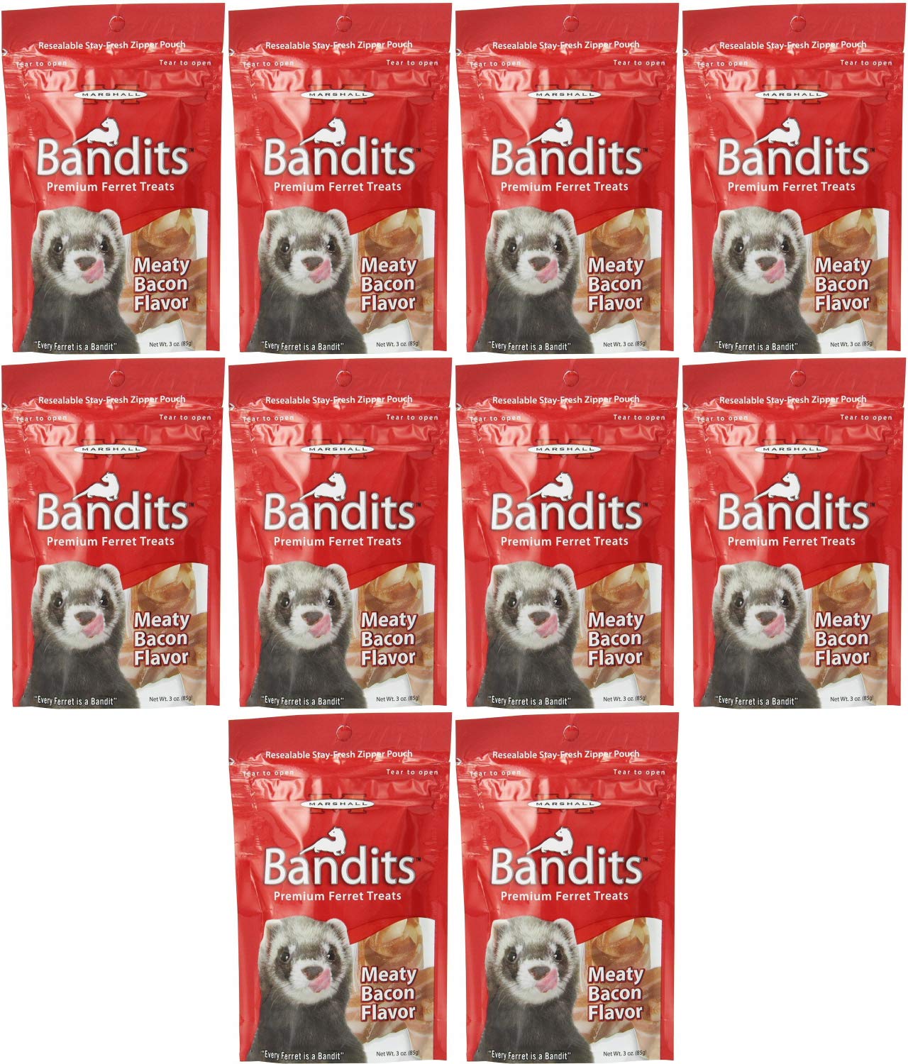 Marshall Bandits Ferret Treats Meaty Bacon closeup reveals tasty texture and aroma.