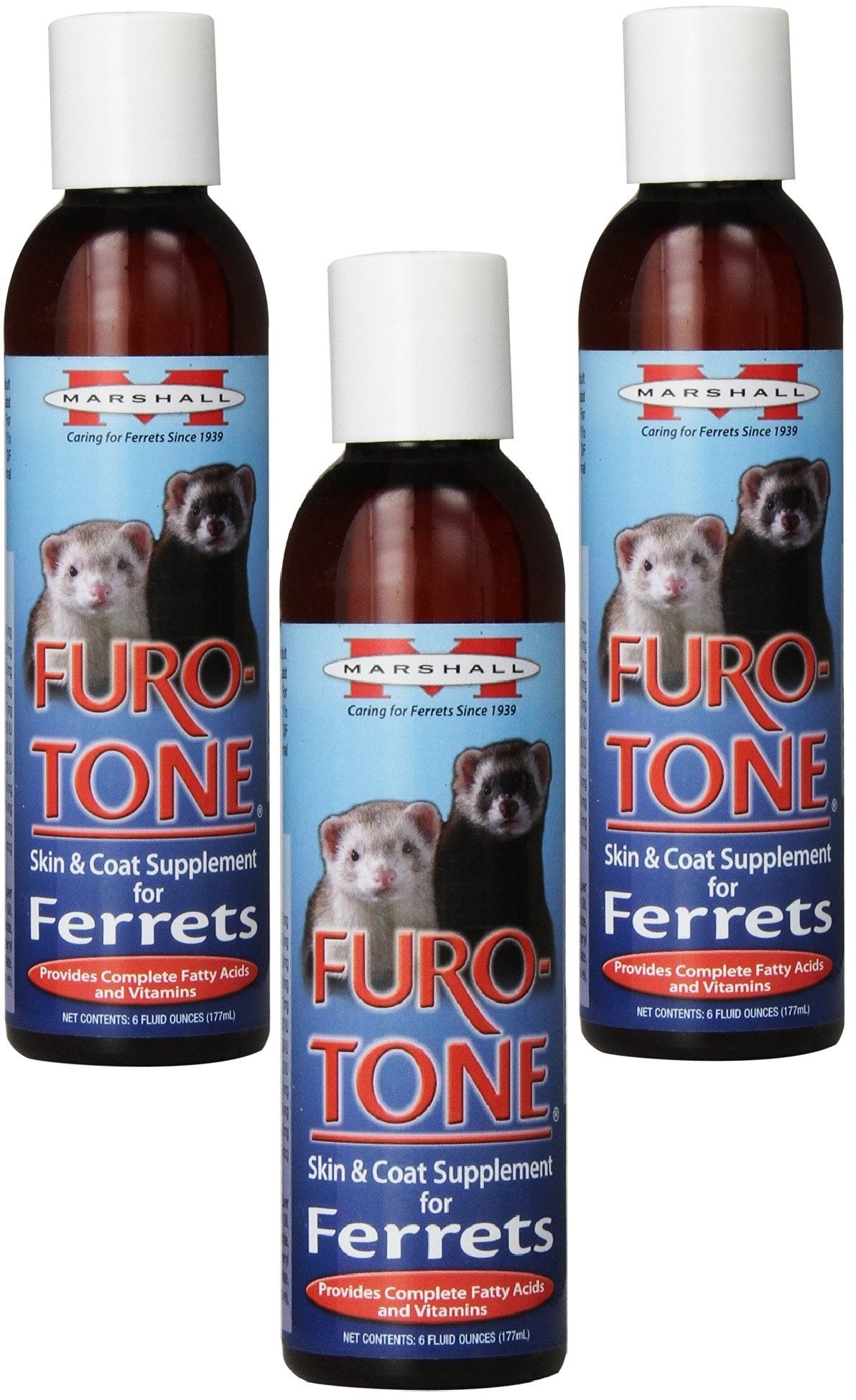 Marshall Furo Tone ferret supplement bottle promotes healthy skin and a shiny coat.