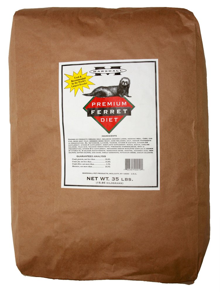 Marshall Pet Products Marshall Premium Ferret Diet bag highlights omega fatty acids for ferrets' skin and energy
