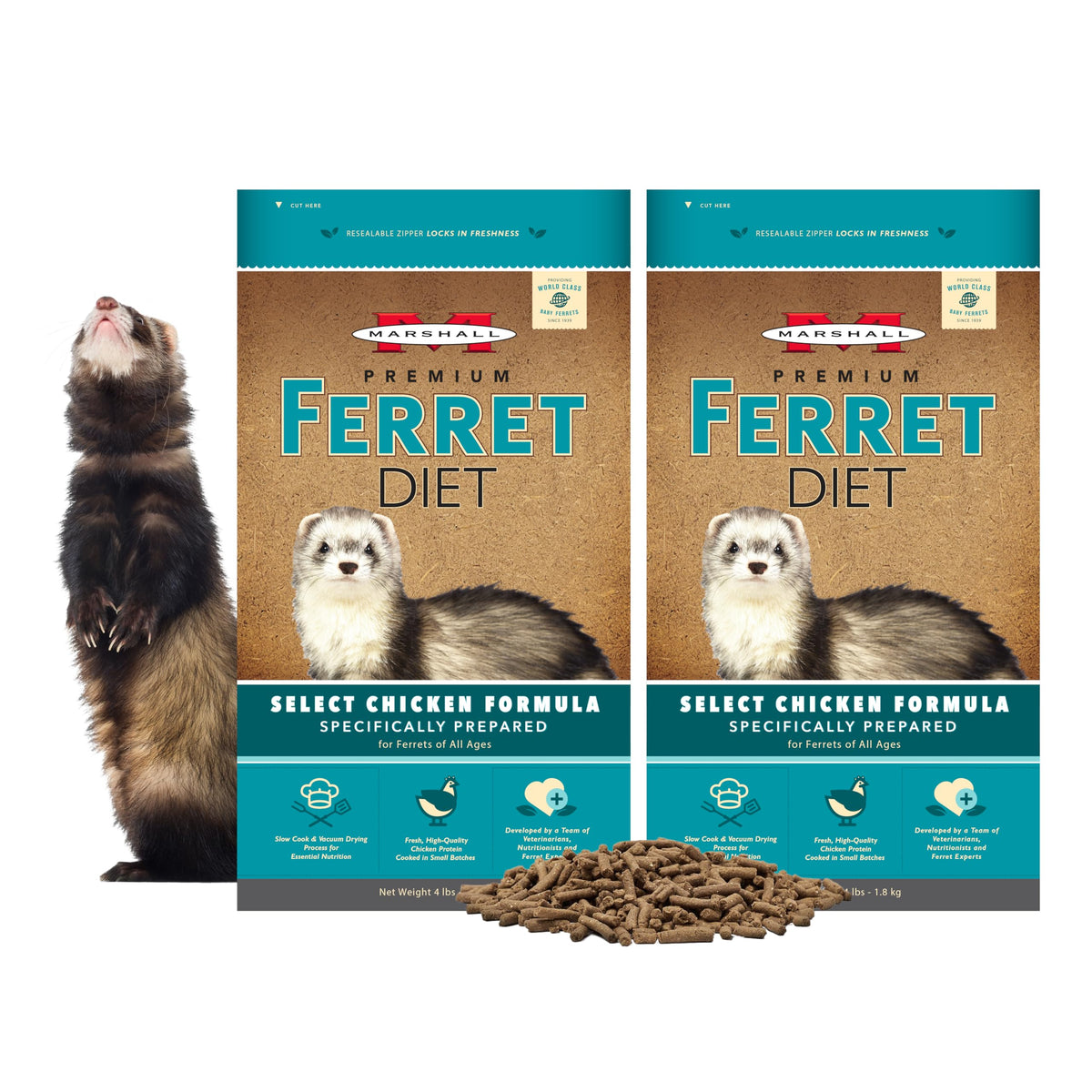 Marshall Pet Products Select Chicken Ferret Diet packaging highlights two-pack convenience.