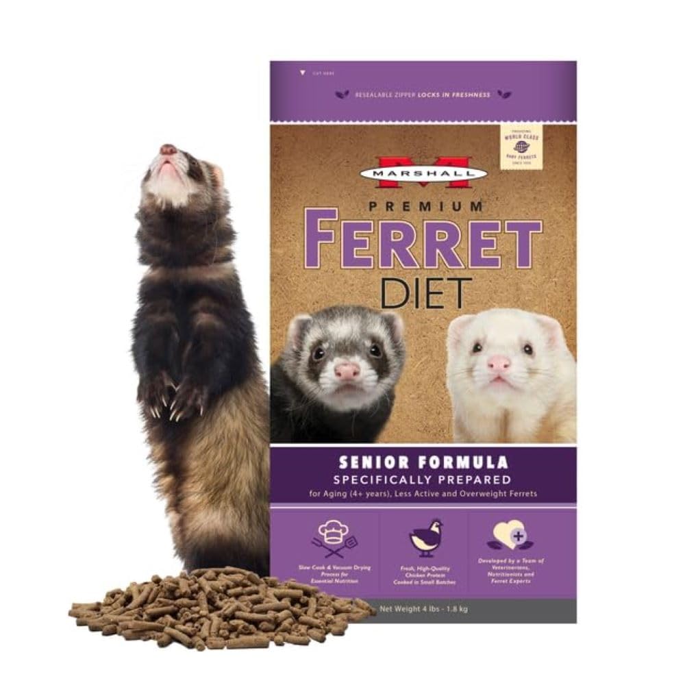 Marshall Premium Ferret Diet Senior Formula packaging highlights senior nutrition for aging ferrets.