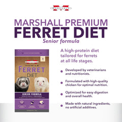 Marshall Premium Ferret Diet Senior Formula serving bowl shows easy feeding for senior ferrets.
