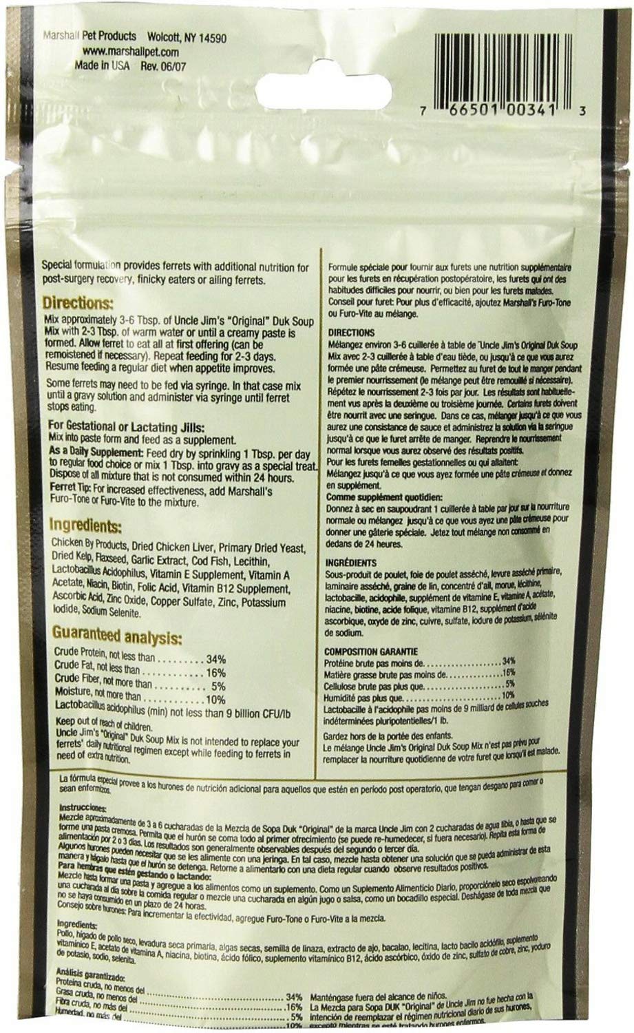 Marshall Uncle Jim's Duk Soup Mix supports ferret eating routines.