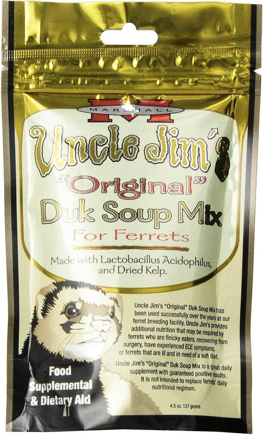 Marshall Uncle Jim's Duk Soup Mix 12-pack supports ferret appetites during meals.