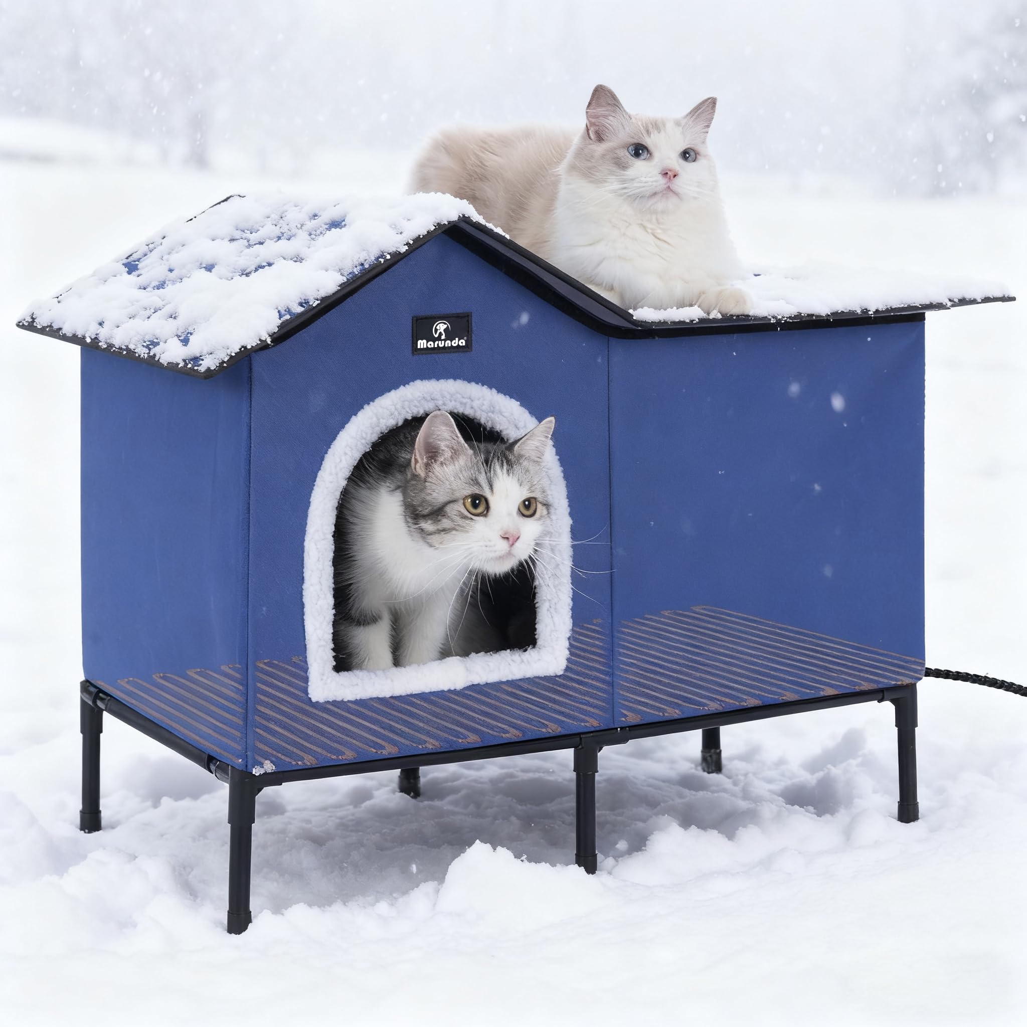 MARUNDA large heated cat house exterior in dark blue providing outdoor warmth and shelter