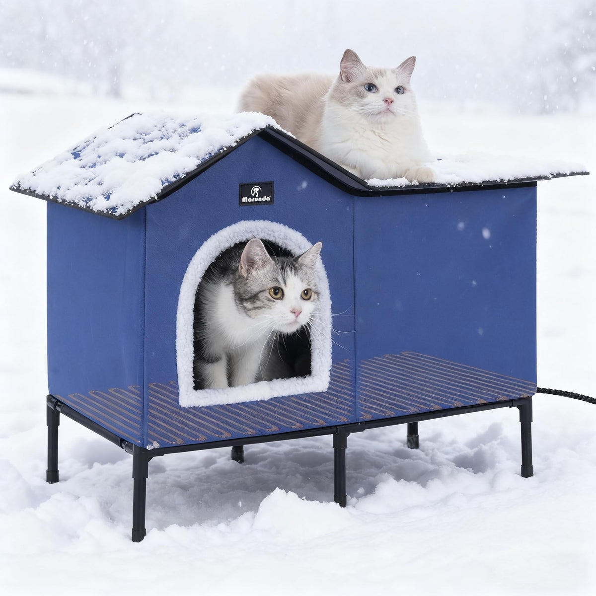 MARUNDA large heated cat house exterior in dark blue providing outdoor warmth and shelter