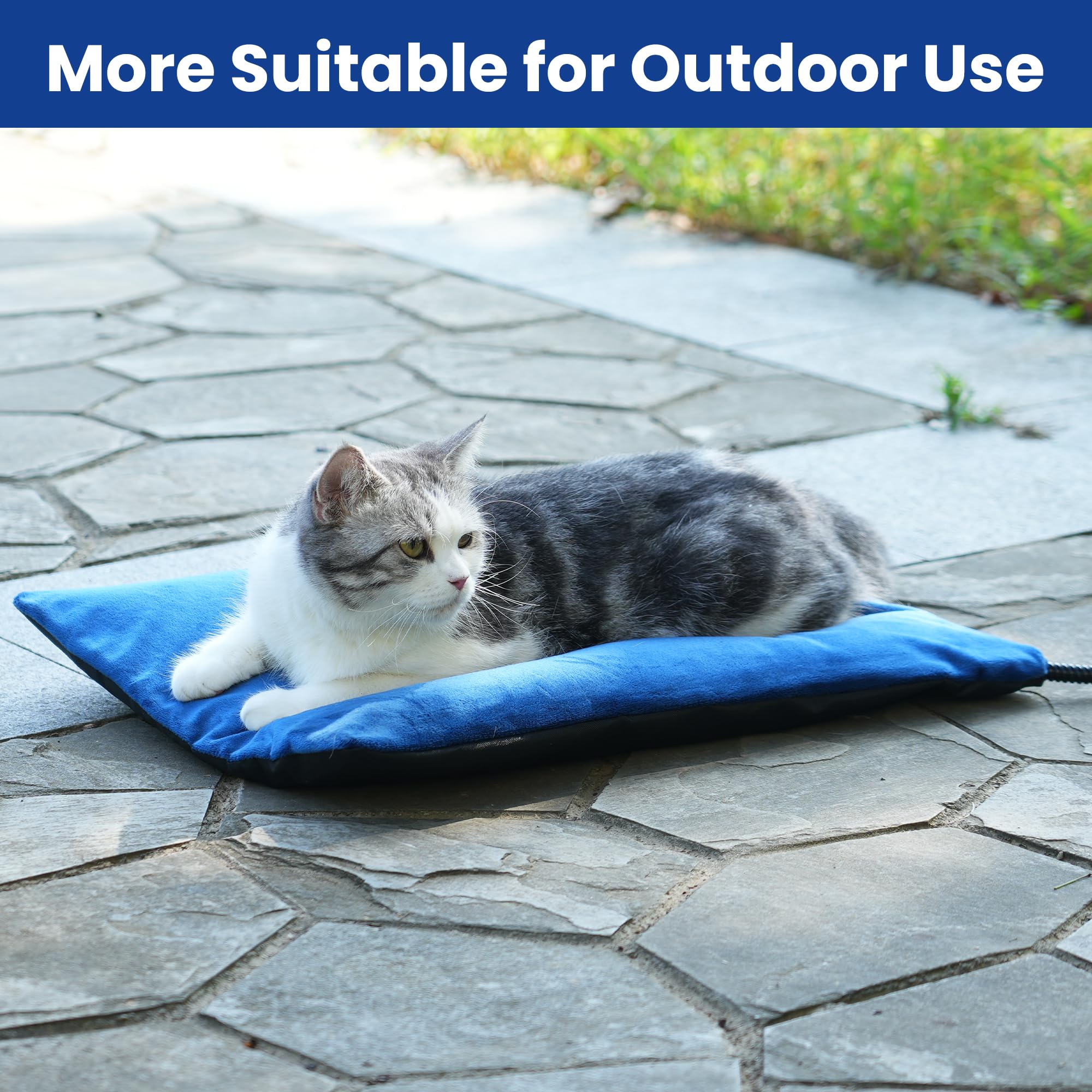 MARUNDA blue heated bed shown for stylish outdoor warmth.