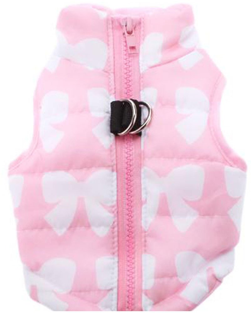 MaruPet pink XS winter vest back view showing lightweight waterproof protection for small dogs.