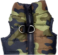MaruPet winter vest camouflage chest view emphasizes snug fit for small dogs
