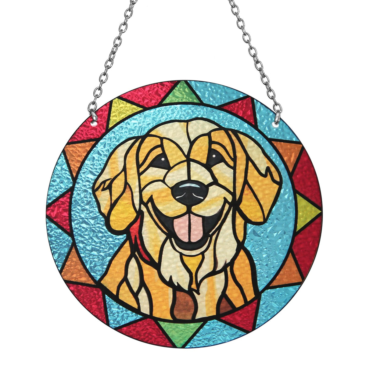 Marwey dog memorial suncatcher hanging in a window with warm rainbow light