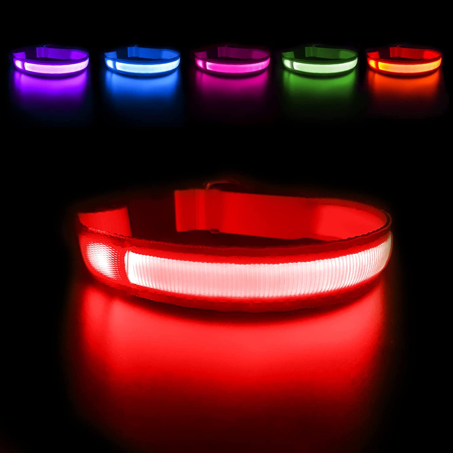 MASBRILL Light Up Dog Collar front view shows high-visibility glow for safer night walks.