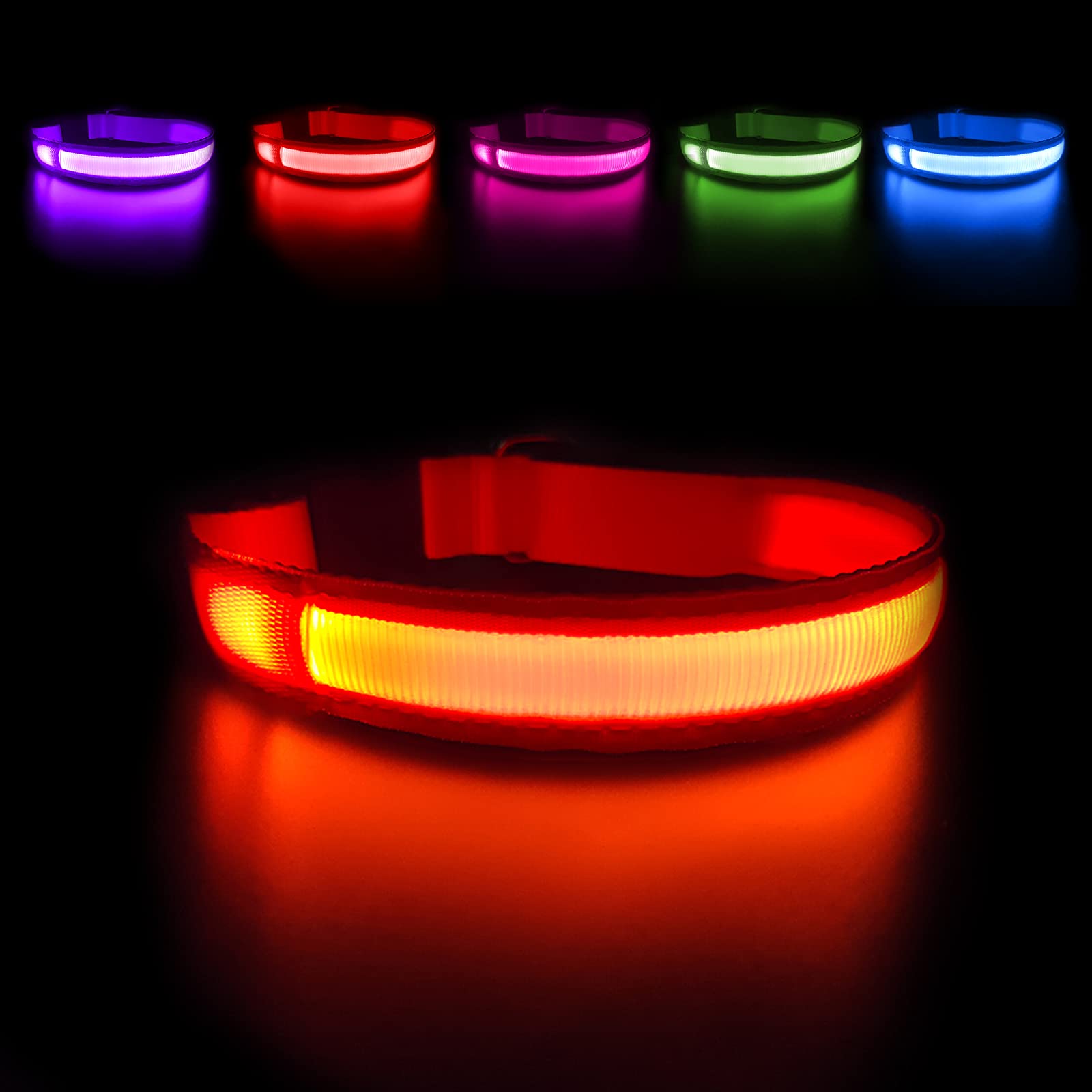 MASBRILL light-up dog collar front view shows bright visibility for night walks