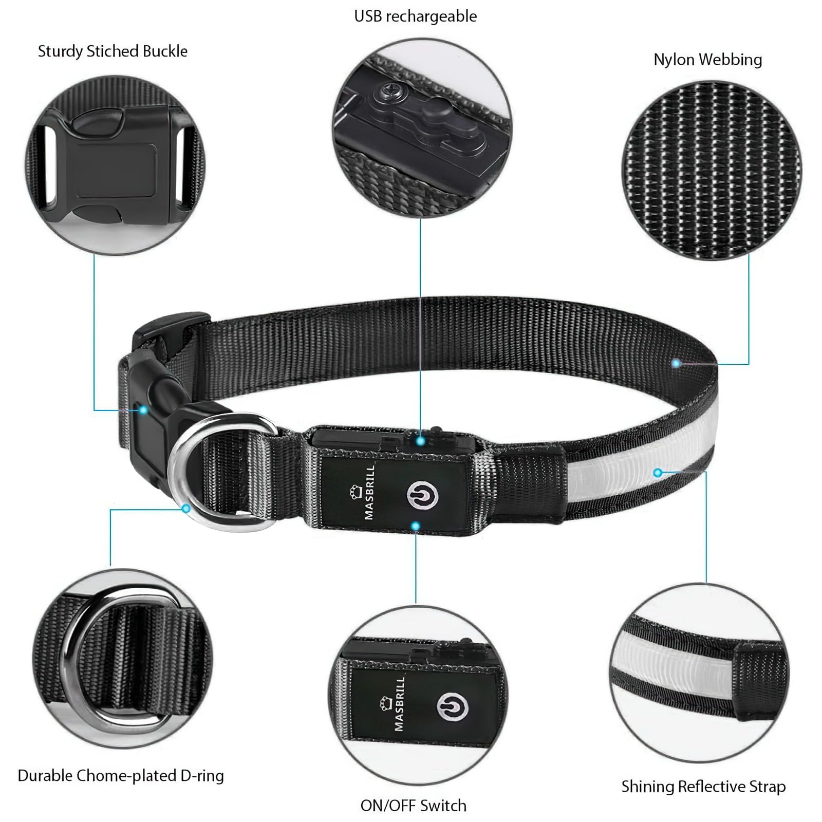 Masbrill light-up dog collar three modes for flexible walking conditions