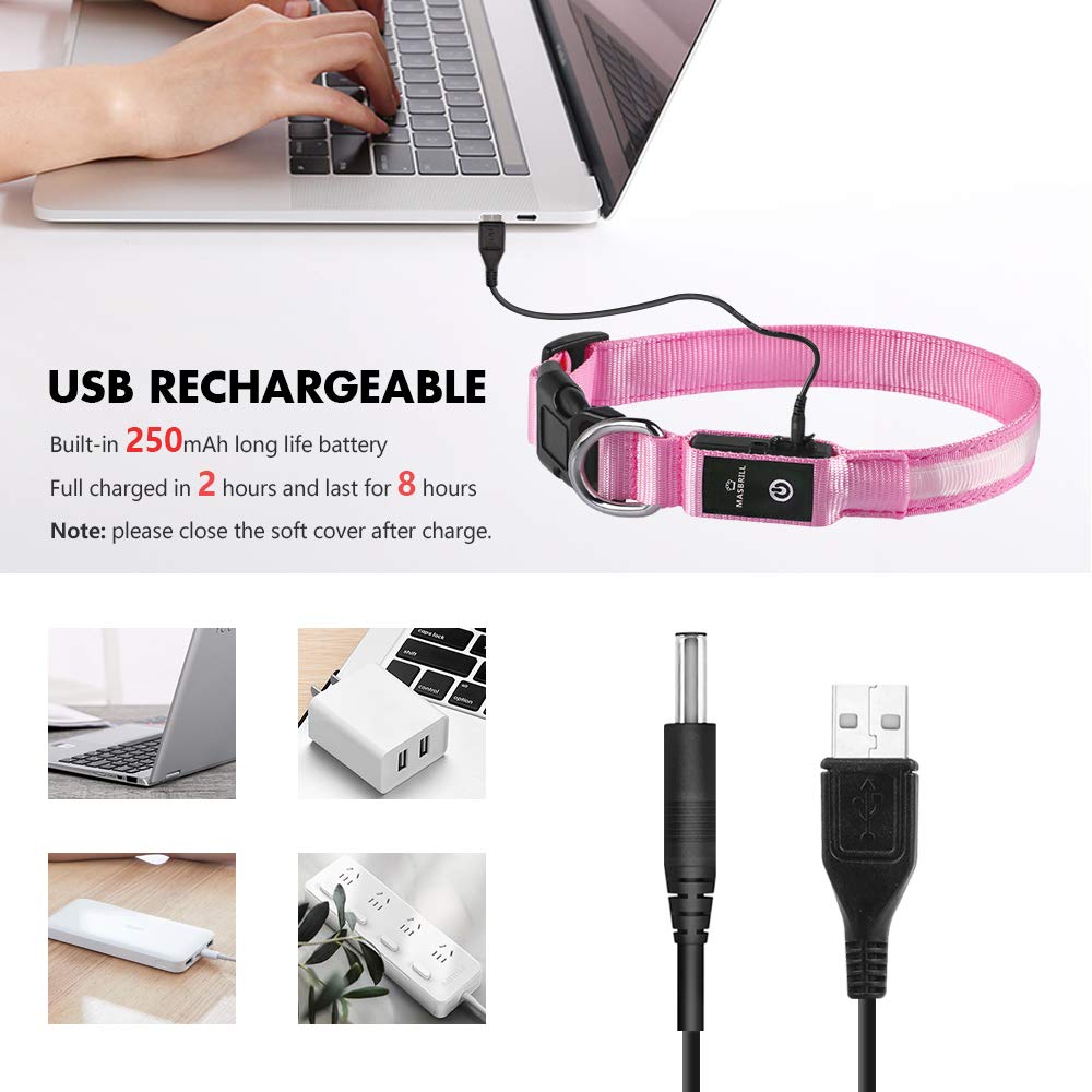 MASBRILL lighted dog collar three modes close view demonstrates fast flash, steady, and constant options
