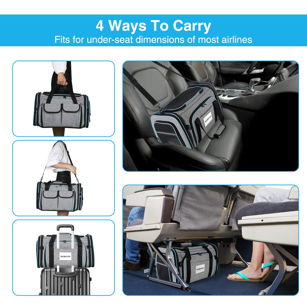 MASKEYON carrier with multiple pockets to organize toys and treats.