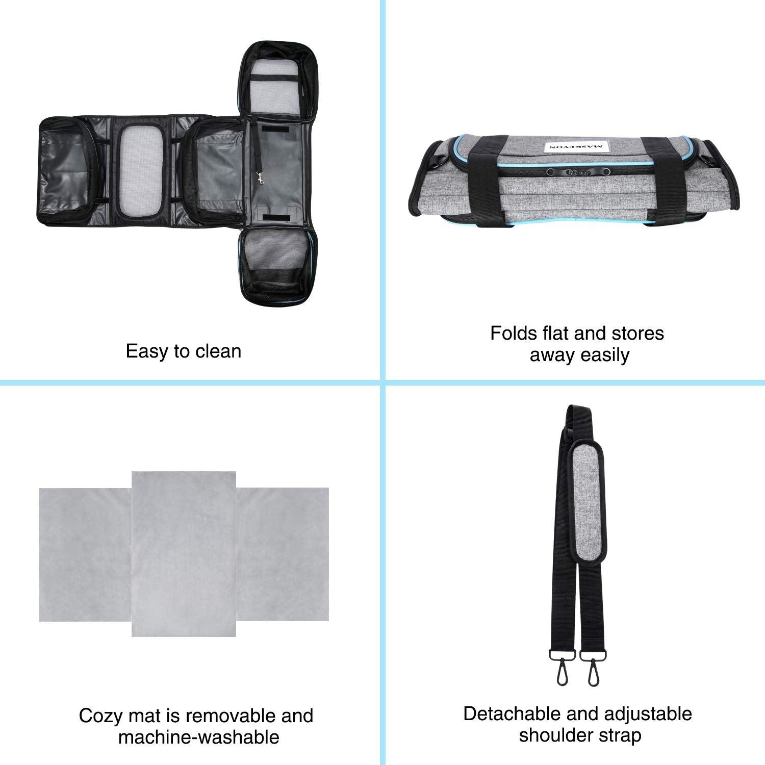 MASKEYON pet carrier includes reflective tapes for night-time visibility.