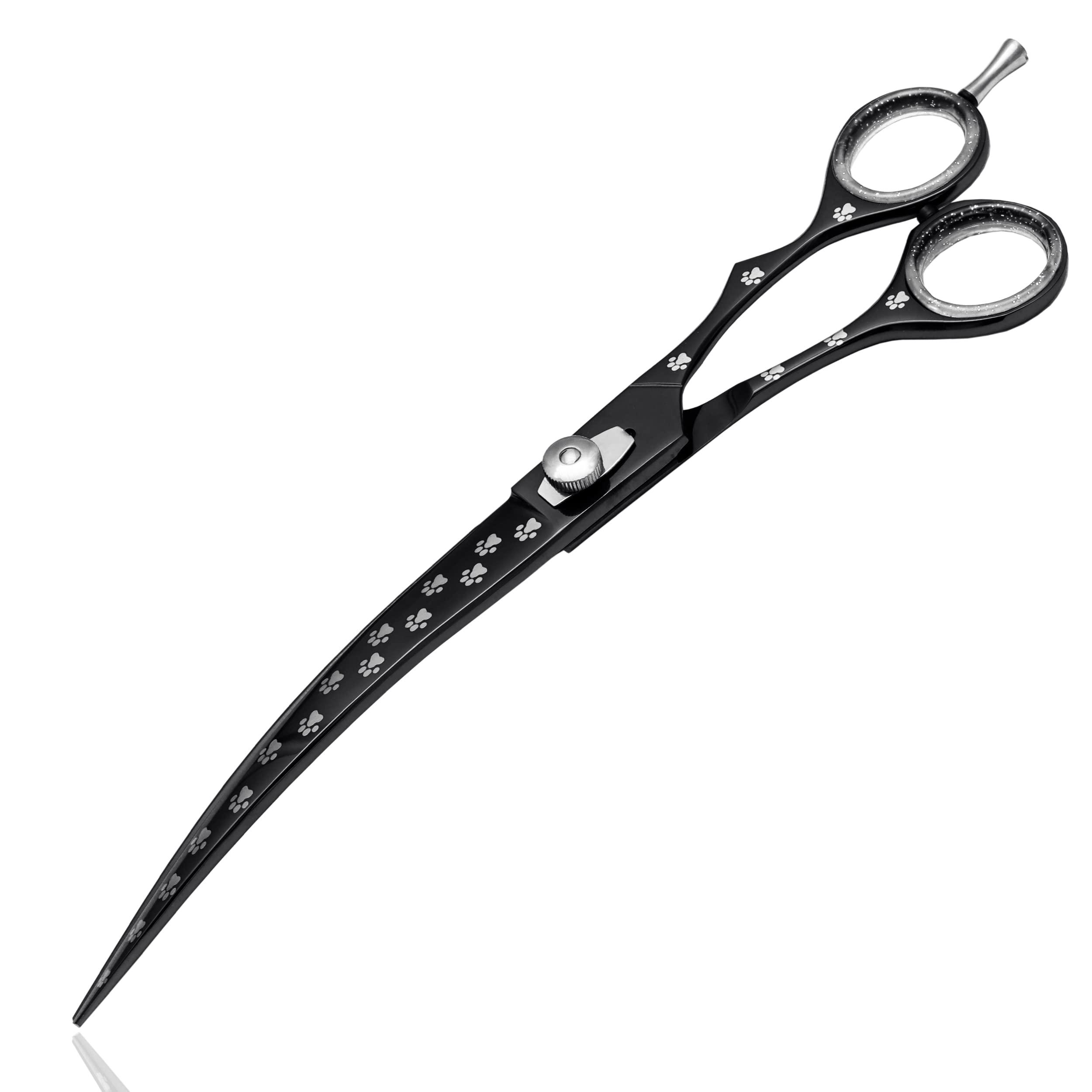 Massive Bee Store pet grooming scissor curved blade closeup for precise cuts.
