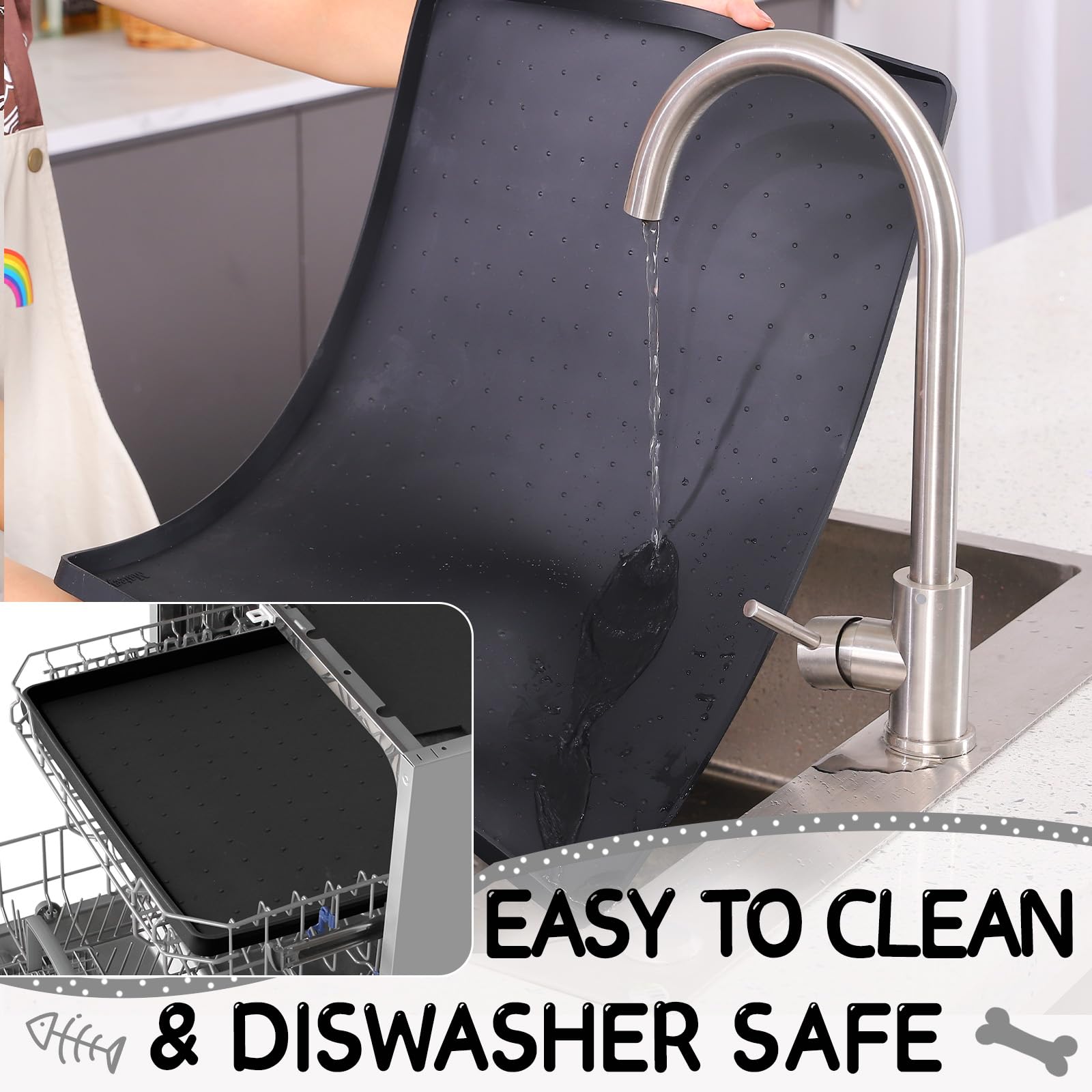 MateeyLife easy-clean pet feeding mat shows quick wipe-down and crumbs removal.
